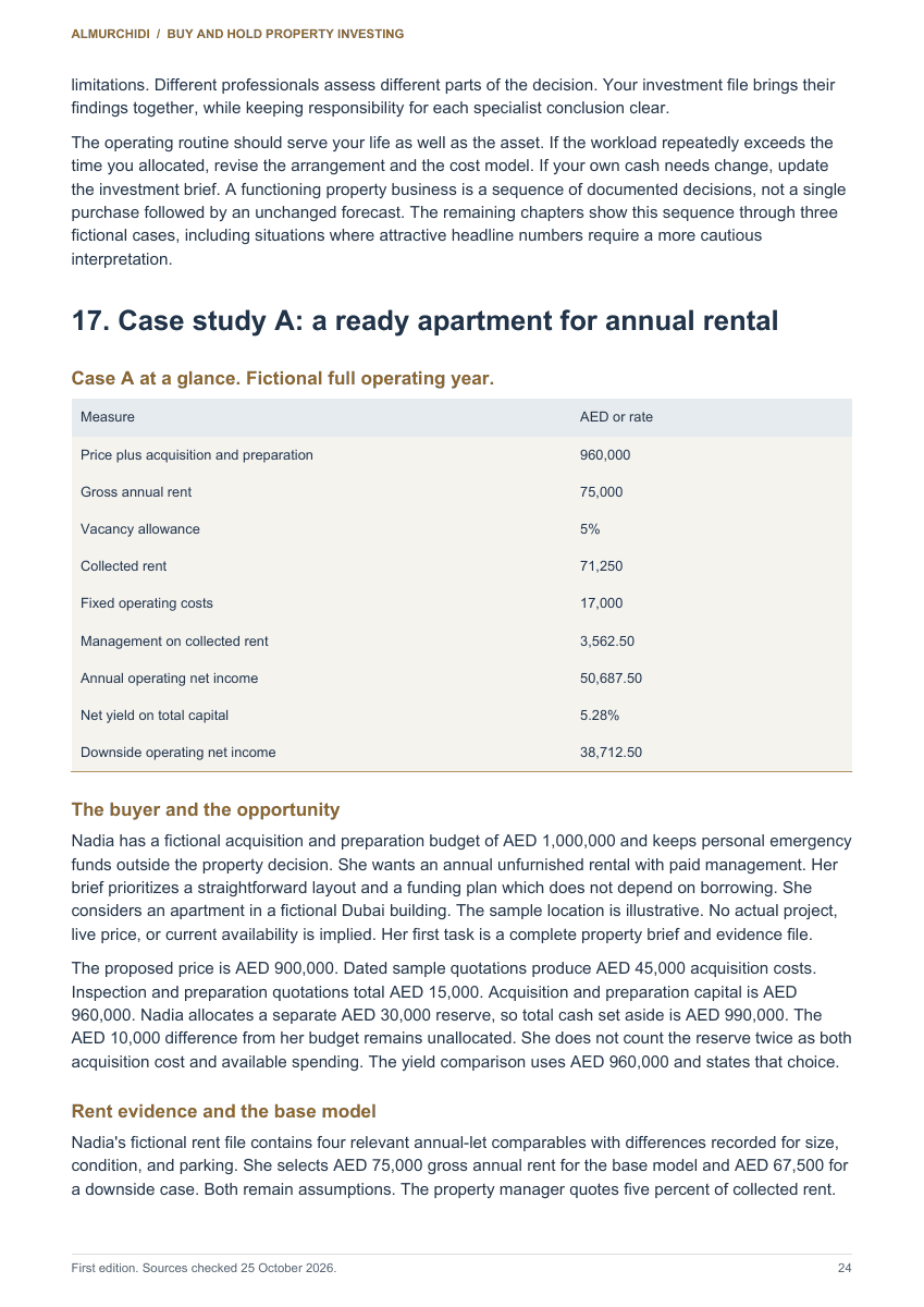 Sample page: fictional AED buy-and-hold apartment case study